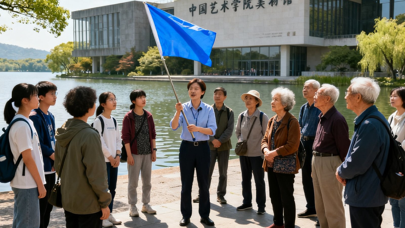 城市美学漫步杭州站活动，三十多位市民在西湖边的中国美术学院美术馆前集合，导览员手持蓝色旗帜，参与者年龄从青少年到退休老人都有，阳光明媚，大家面带期待的表情。
