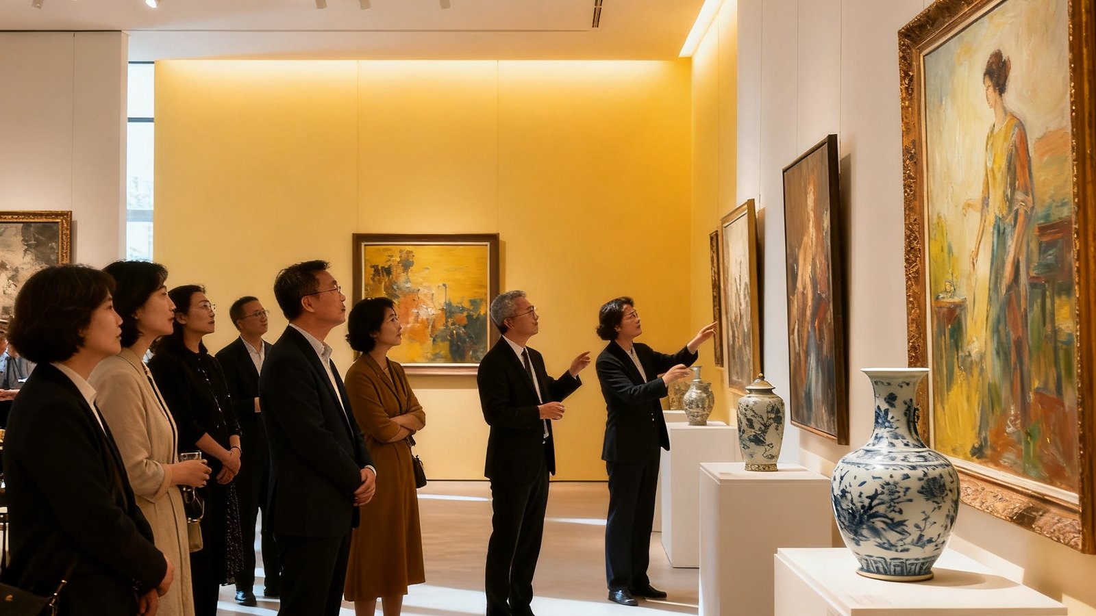 美狮贵宾会艺术沙龙现场，宽敞明亮的展厅中陈列着多幅当代油画与古典瓷器，藏家们正在专业顾问的引导下近距离鉴赏艺术品细节，墙面采用暖色调灯光营造出高雅私密的鉴赏氛围。
